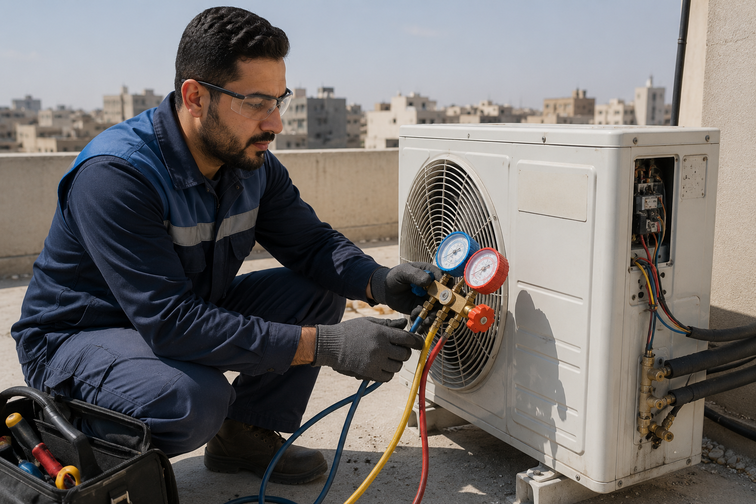 مهندس يفحص وحدة تكييف خارجية بأدوات قياس الفريون على سطح منزل