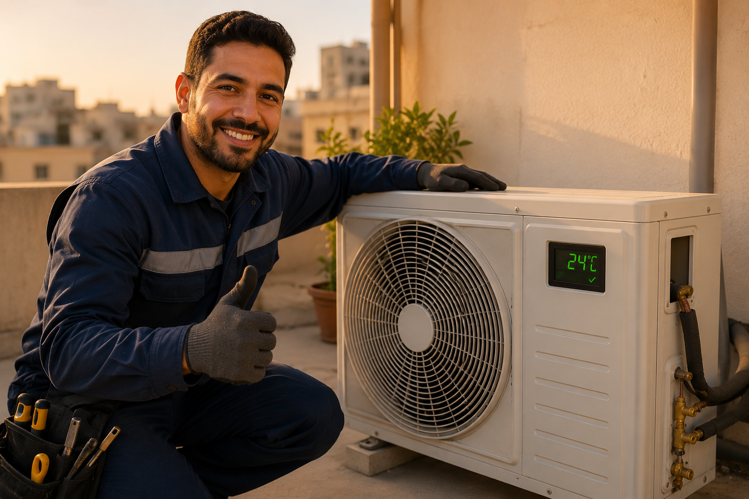 فني يضبط وحدة تكييف تعمل بكفاءة